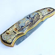 Дамасский складной нож «Олени» — оригинальный подарок — фотография 2